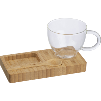 BAMBOO TRAY with Spoon & Glass Mug in Beige 