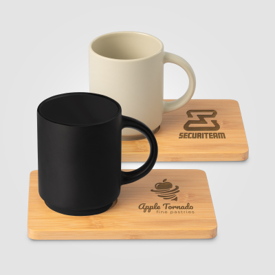 CAFÉ DUO - 325 ML CERAMIC POTTERY MUG & BAMBOO BOARD SET