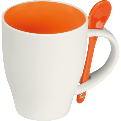 CERAMIC POTTERY CUP with a Spoon in Orange 