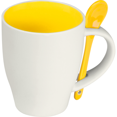 CERAMIC POTTERY CUP with a Spoon in Yellow 