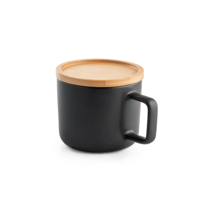 FANGIO 220 ML CERAMIC POTTERY MUG with Lid & Bamboo Base in Black