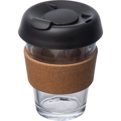 GLASS MUG with Leak Proof Lid & Cork Gripzone in Clear Transparent