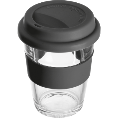 GLASS MUG with Silicone Sleeve & Lid in Black