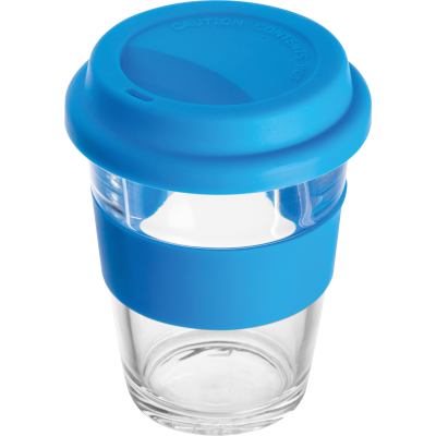 GLASS MUG with Silicone Sleeve & Lid in Blue