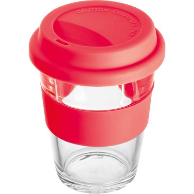 GLASS MUG with Silicone Sleeve & Lid in Red