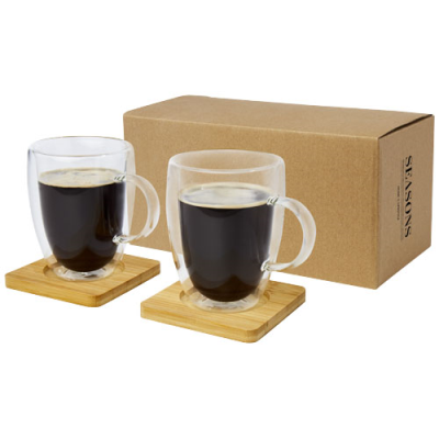 MANTI 2-PIECE 350 ML DOUBLE-WALL GLASS CUP with Bamboo Coaster 