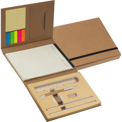 WRITING CASE with Cardboard Card Cover, Ruler, Writing Pad & Adhesive Markers in Brown