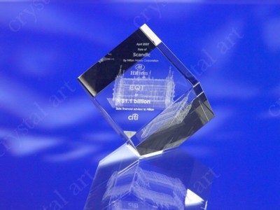 CRYSTAL GLASS CUBE PAPERWEIGHT or AWARD TROPHY with 3D Laser Engraved Image & Logo in Centre