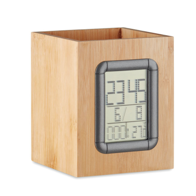 BAMBOO PEN HOLDER AND LCD CLOCK in Brown