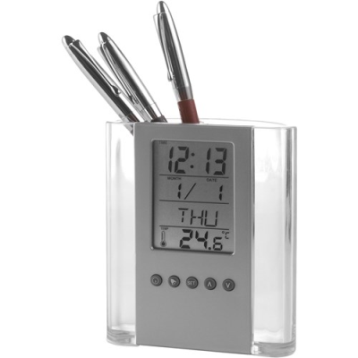PEN HOLDER with Clock in Black & Silver