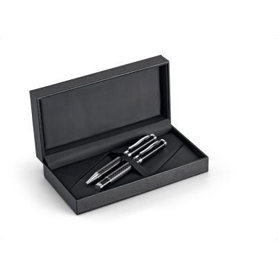 CHESS ROLLER PEN AND BALL PEN SET in Metal & Carbon Fibre with Twist Mechanism in Black - PROMOTIONAL CORPORATE GIFT