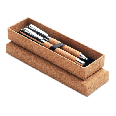 METAL BALL PEN SET in Cork Box in Brown