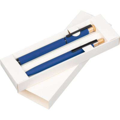 WRITING SET with Pen & Rollerball Pen Made From Recycled Aluminium Metal in Blue 