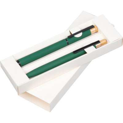 WRITING SET with Pen & Rollerball Pen Made From Recycled Aluminium Metal in Dark Green 