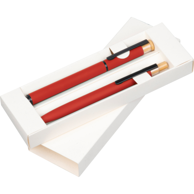 WRITING SET with Pen & Rollerball Pen Made From Recycled Aluminium Metal in Red 