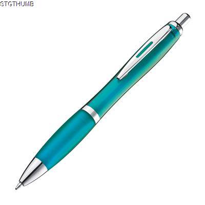 CLEAR TRANSPARENT BALL PEN with Rubber Grip in Turquoise