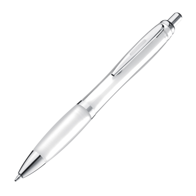 CLEAR TRANSPARENT BALL PEN with Rubber Grip in White