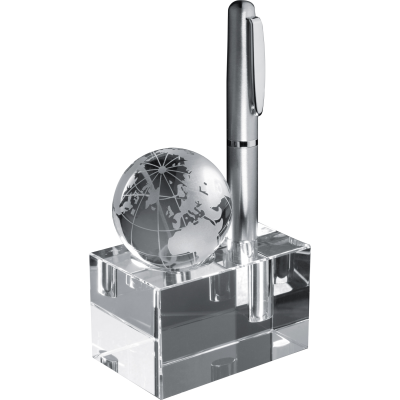 GLASS CUBE PEN STAND with Loose World Globe