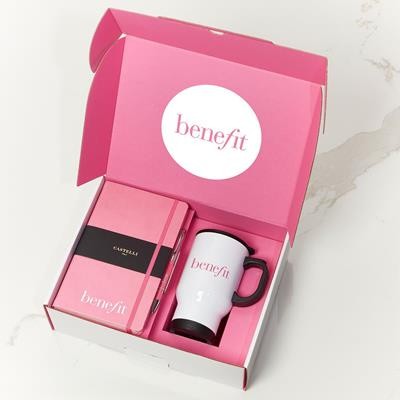 NOTE BOOK, PEN AND WHITE TRAVEL MUG PINK GIFT BOX