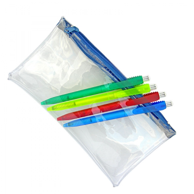 PVC PENCIL CASE (UK STOCK: CLEAR TRANSPARENT with Blue Zip)
