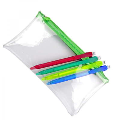 PVC PENCIL CASE (UK STOCK: CLEAR TRANSPARENT with Green Zip)