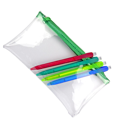 PVC PENCIL CASE (UK STOCK: CLEAR TRANSPARENT with Green Zip)