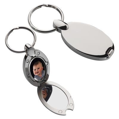 SATIN SILVER METAL KEYRING with Photo Frame & Mirror