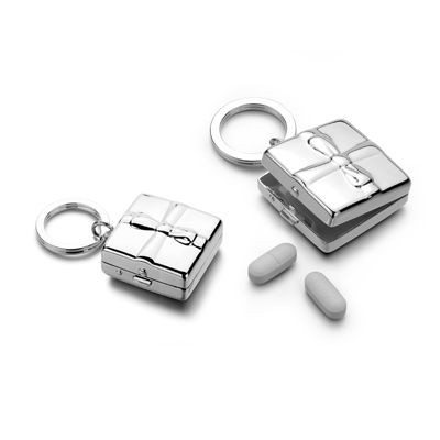 PILL BOX with Bow Metal Keyring in Silver