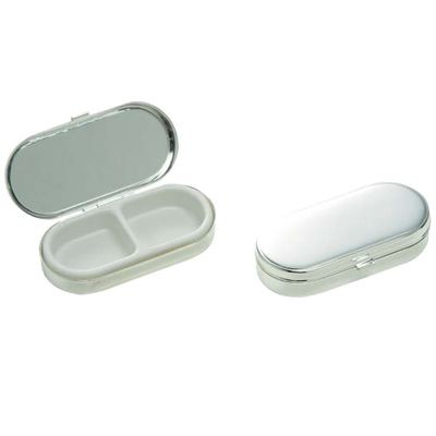 RECTANGULAR SILVER CHROME METAL DUAL COMPARTMENT PILL BOX with Mirror