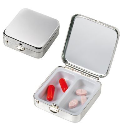 SILVER CHROME METAL RECTANGULAR PILL BOX with 2 Compartments