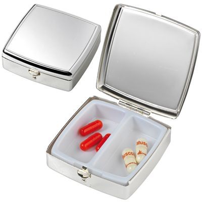 SQUARE SILVER METAL PILL BOX with Groove Lid