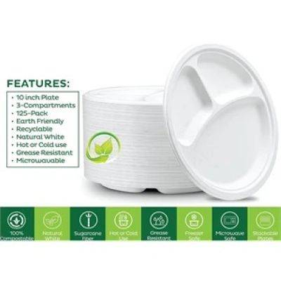 9 INCHES BIODEGRADABLE DISPOSABLE 3 COMPARTMENTS PLATE