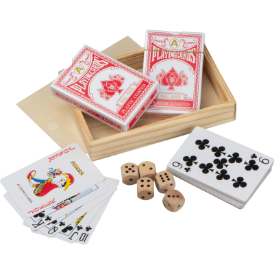 PLAYING CARD PACK in Wood Box with Dice in Beige 