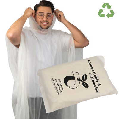 COMPOSTABLE RAIN PONCHO in Clear Transparent 