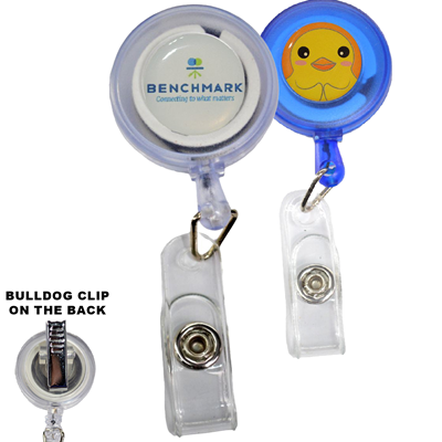 CLEAR TRANSPARENT BULLDOG CLIP ROUND BADGE REEL
