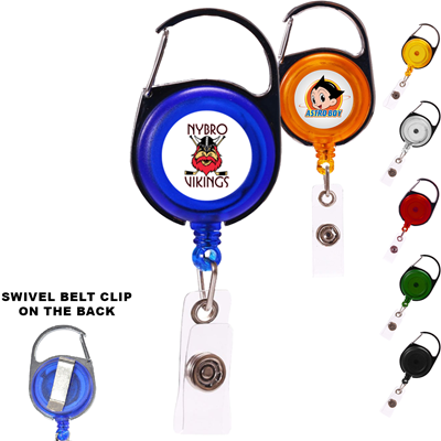 CLEAR TRANSPARENT ROUND CARABINER BADGE REEL with Swivel Belt Clip