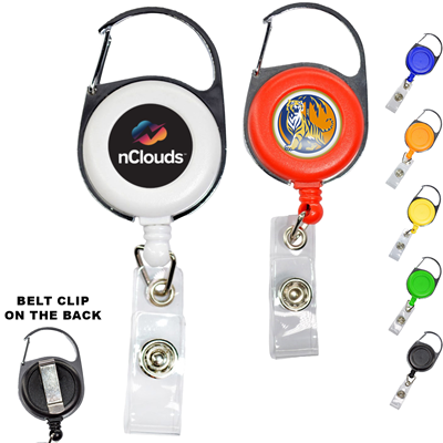 RETRACTABLE CARABINER ROUND BADGE REEL with Belt Clip