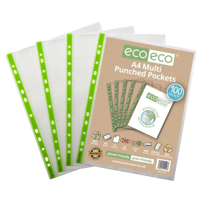 ECO-ECO 65 MICRON A4 100% RECYCLED MULTI PUNCHED POCKETS (UK STOCK)