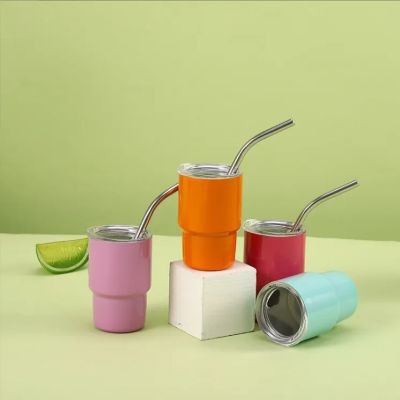 2 OZ MINI TUMBLER SHOT GLASS with STAINLESS STEEL METAL STRAW - PROMOTIONAL CORPORATE GIFT