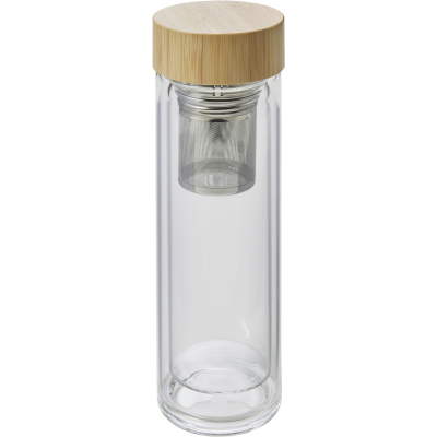GLASS AND BAMBOO BOTTLE with Tea Infuser (420Ml) in Brown
