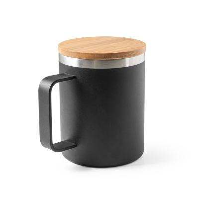 LAUDA MUG in 90% Recycled Stainless Steel Metal with Bamboo Lid 420 Ml in Black - PROMOTIONAL CORPORATE GIFT