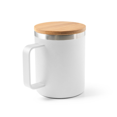 LAUDA MUG in 90% Recycled Stainless Steel Metal with Bamboo Lid 420 Ml in White