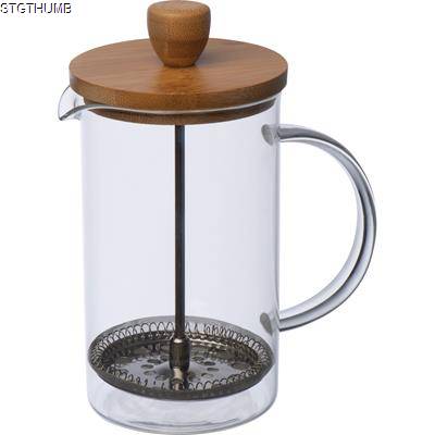 GLASS COFFEE OR TEA MAKER with Bamboo Lid in Clear Transparent