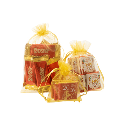 CHINESE NEW YEAR YEAR OF THE HORSE 2026 ORGANZA GIFT BAGS with Chocolate or Sweets, Eco-friendly