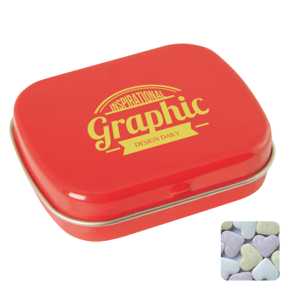FLAT HINGED TIN with Fruit Heart Sweets in Red