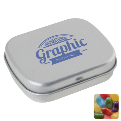 FLAT HINGED TIN with Jelly Beans in Silver - PROMOTIONAL CORPORATE GIFT