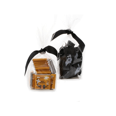 HALLOWEEN CLEAR TRANSPARENT SACHET GIFT BAGS & BOW with Chocolate or Sweets