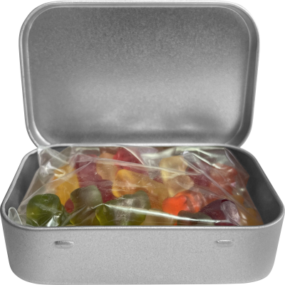 LARGE FLAT HINGED TIN with Haribo Gold Bears in Silver