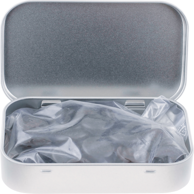 LARGE FLAT HINGED TIN with Haribo Liquorice in Silver