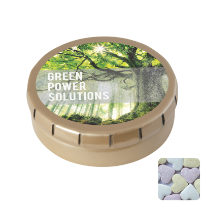 ROUND CLICK TIN with Fruit Heart Sweets in Gold